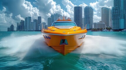 Szybka łódź motorowa przemierza wodę przed miastem.