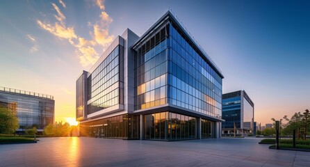 Sunset reflections on modern office building facade. Business center under evening sky. Dusk at the corporate hub.