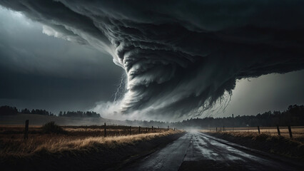 Driving on straight dirt road towards the ominous tornado storm through the cultivated fields of wheat and corn crops