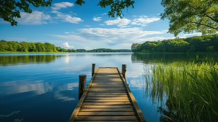 Peaceful lakeside retreat: Wooden jetty amidst lush greenery under a calm and tranquil sky.