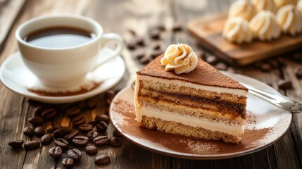 Slice of tiramisu cake and coffee cup on a wooden table 