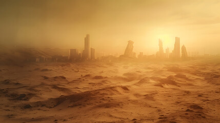 A post apocalypse desert with ruined city sky scraper in the distance