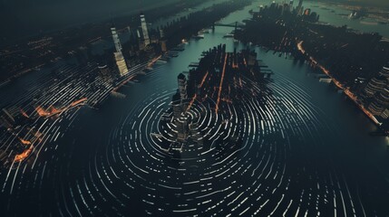 Fingerprint in the shape of a night city. Identification and verification of identity. Unique biometric fingerprint