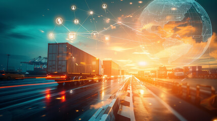 dynamic transportation and logistics concept, showcasing various modes of freight transport such as trucking and aviation, integrated with digital connectivity and global networking.
