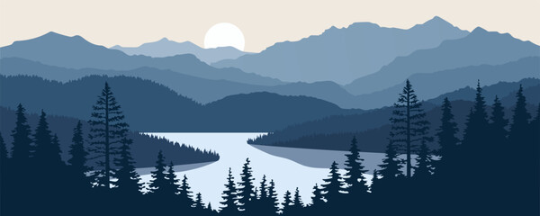 Silhouettes of mountains in the fog. Landscape overlooking a mountain lake with silhouettes of mountains and pine forest at sunrise or sunset.
