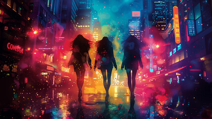 Ilustracja, kobiety nocą w mieście