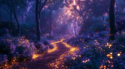 A mystical purple forest emerges from the realm of dreams, with towering trees bathed in a surreal violet hue, casting an enchanting spell over the ethereal landscape.