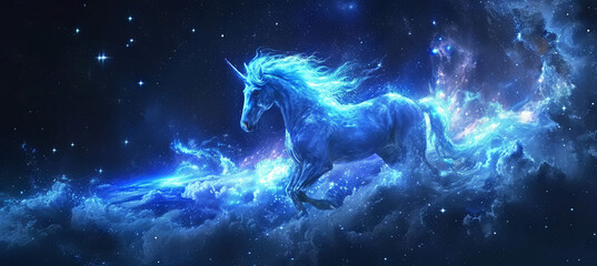 A unicorn is a mythical creature that symbolizes virtue, starry space background