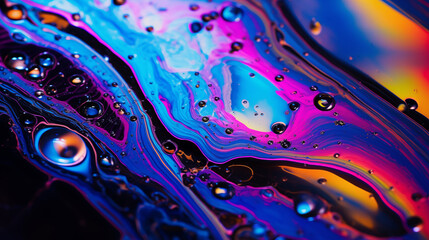 Holograficzna tapeta - technika i sztuka. Niebieskie, różowe i fioletowe odcienie tła cieczy o nieregularnych kształtach.