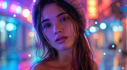 Beautiful young woman is immerse into the vibrant energy of a city night, where neon lights paint the streets with mesmerizing hues. Generative AI.