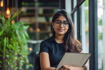 A beautiful woman holding a notebook