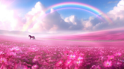 Magic unicorn in blossoming meadow, fairytale atmosphere