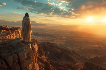 Witness Jesus standing on a high cliff, torn between earthly desires and heavenly mission, grappling with the allure of miracles, fame, and adulation
