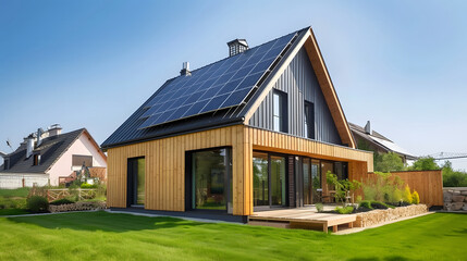 Modern wooden house with solar panels on the roof. 3d rendering. Eco friendly passive house with a photovoltaic system on the roof.