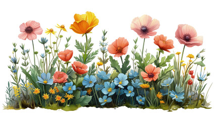 Kilka kolorowych kwiatów ułożonych na zielonej trawie w naturalnym otoczeniu