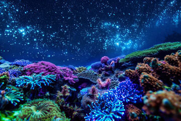 A coral reef with a starry night sky in the background