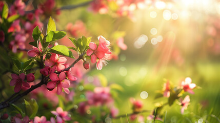 Beautiful blooming sakura flowers in spring garden with sun rays