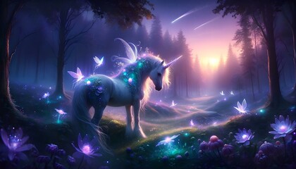 Enchanted glowing unicorn in a mystical forest at twilight with magical flora