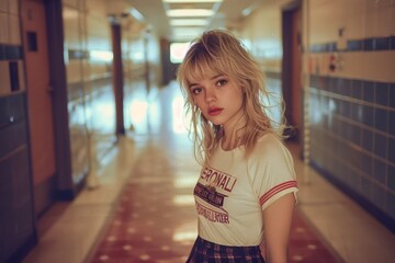 Stylish Young Woman Posing in Retro School Hallway with Vintage Fashion Flair