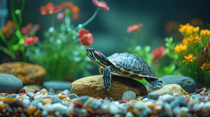 Domestic turtle in the aquarium