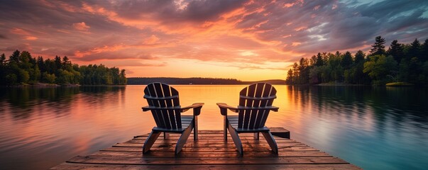 Two wooden chairs on a wood pier overlooking a lake at sunset