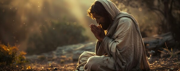 Jesus praying in the garden of Gethsemane seeking spiritual strength alone. Concept Spiritual Strength, Jesus, Gethsemane, Solitude, Prayer,