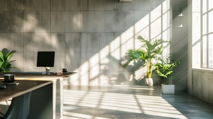 Na biurku znajduje się komputer. Zoom backdrop. Pomieszczenie ma industrialny styl, oświetlone promieniami słońca wpadającymi przez okno. 