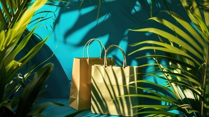 Brązowy papierowy worek leży na niebieskim betonie, w otoczeniu doniczek z roślinami tropikalnymi.