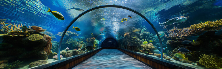 Tunnel aquarium with various fish.Panorama view. Generative AI