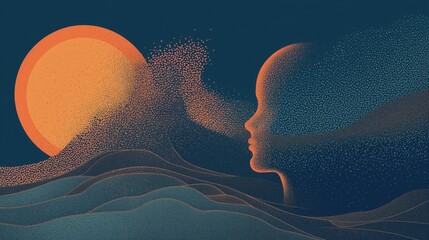 Kobiety twarz malowana przez piasek na pustyni na tle zachodu słońca. Abstrakcja.