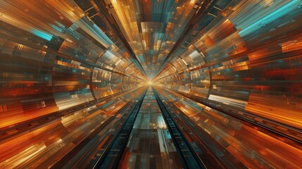 W abstrakcyjnym wizerunku tunelu ze złota, widoczne są tory kolejowe, które zbiegają się w jednym punkcie. Światło nasyca przestrzeń, tworząc dynamiczny i nowoczesne tło i tapetę.