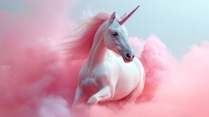 Apink fabulous magical unicorn with a pink mane runs through pink fog. Dreams, magical dreams, fairy tales for children 
