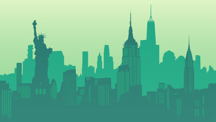 New York City, United States. Silhouette vector background of Manhattan cityscape. Statue of Liberty, Empire State Building, Rockefeller Plaza, Office Building. Travel illustration