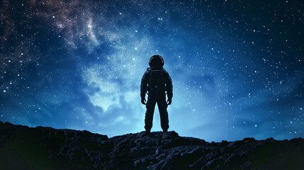 Silhouette of an astronaut standing on the edge against starry sky with Milky Way and galaxies, blue color background, astronaut man space exploration concept
