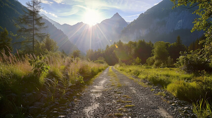 Alpine Bliss: Sunlit Gravel Trail Amid Majestic Peaks. Generative AI