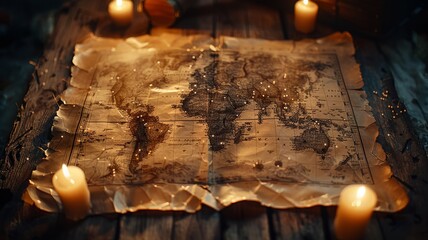 Old world map on a parchment, lit by candlelight with digital pins