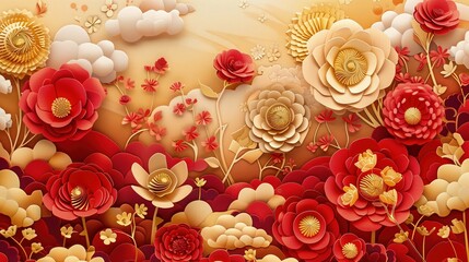 Na ścianie znajduje się obraz przedstawiający kwiaty i chmury. Obrazy są wykonane techniką Kirigami w wielu wymiarach, tworząc trójwymiarowy efekt.