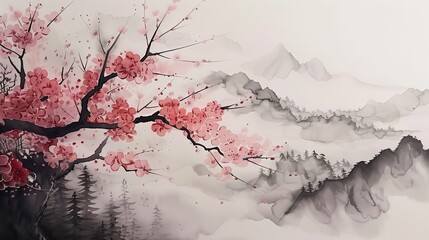 Ciemna gałęź drzewa z jasno różowymi kwiatami, wiosenny motyw na tle czarnego lasu na mglistej białej kartce. Piękna sztuka na najwyższym poziomie umiejętności.