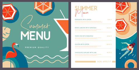 Retro summer restaurant menu design with cocktail, flamingo and beach top view. Vector illustration