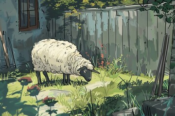 A sheep is standing in lush green grass near a wooden fence. The sheep seems to be grazing peacefully in a field