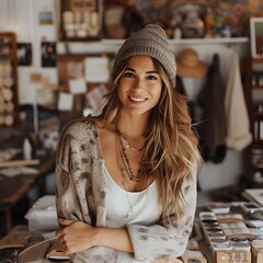 a young woman, likely a small business owner or independent crafter, showcasing her handmade products in a warm