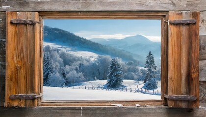 old window with snowy beautiful landscape