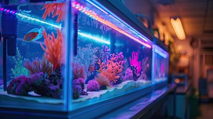 A high-tech aquarium with neon lighting and robotic fish