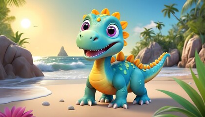 3d cartoon character illustration of a baby dinosaur in a winter sea beach, sun, jungle, flower with a playful expression. Ai generate