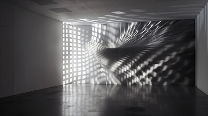Design space with smooth floors and convex sharp walls. Projection of visual dynamic effects from smooth spreading lines. Exhibition object, digital work of art.