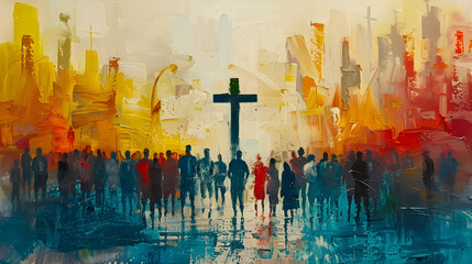 A modern painting depicting a crowd of people around a Christian cross, representing faith and unity.