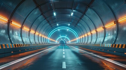 Rendering of 3D architectural tunnel on highway with empty asphalt road