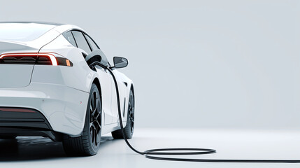 Electric white car charge battery energy in station. Banner on white background with copy space concept.