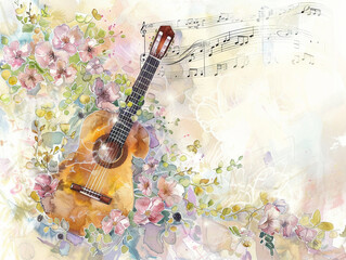 A softly painted watercolor scene of a classical guitar, with gentle waves of music notes and melodies flowing out from its soundhole, surrounded by a flourish of pastel floral patterns