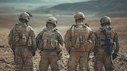 In the middle of an Arab desert, a group of uniformed military soldiers are having a conversation while fighting.